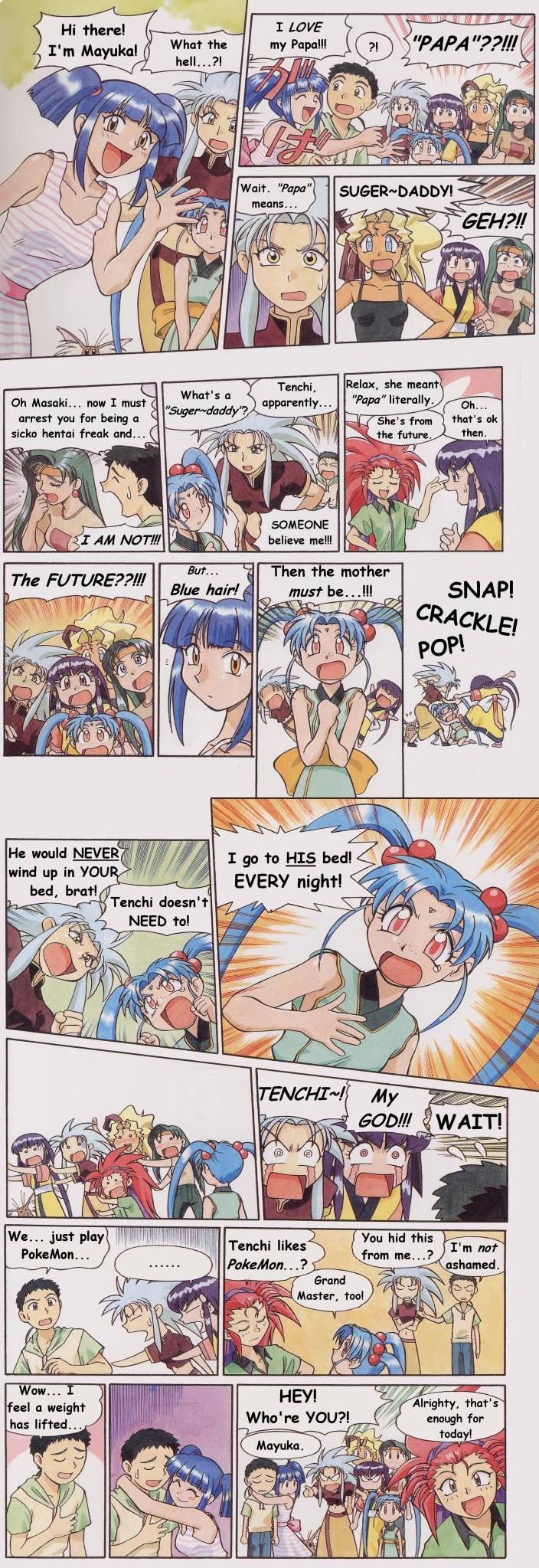 azuma kiyohiko, hakubi washuu, kuramitsu mihoshi, makibi kiyone, masaki aeka jurai, masaki mayuka, masaki sasami jurai, masaki tenchi, ryou-ouki, ryouko (tenchi muyou!), tenchi muyou!, tenchi muyou! manatsu no eve, hard-translated, highres, jpeg artifacts, long image, tall image, third-party edit, translated, 1boy, 6+girls, @ @, age difference, black hair, blonde hair, blue eyes, blue hair, blush, comic, english text, facial mark, father and daughter, forehead mark, fourth wall, green hair, left-to-right manga, mother and daughter, multiple girls, pink eyes, purple hair, red hair, tears, twintails, yellow eyes