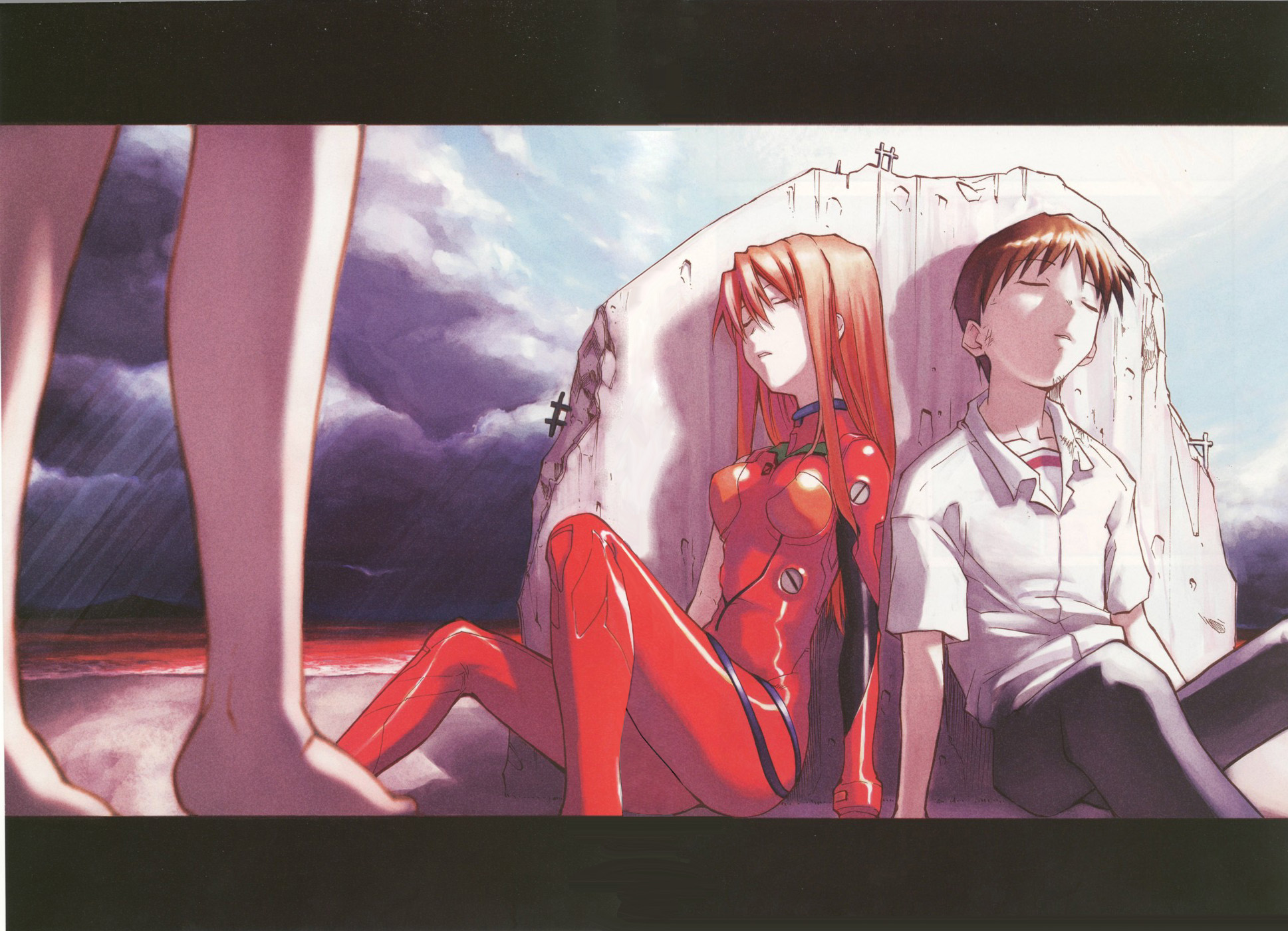 kimigabuchi, ikari shinji, souryuu asuka langley, neon genesis evangelion, re-take doujinshi, wall, highres, scan, 1boy, 2girls, against wall, barefoot, black pants, bodysuit, bracer, breasts, brown hair, closed eyes, cloud, collared shirt, day, fake screenshot, hair between eyes, head tilt, knee up, lcl, letterboxed, long hair, mecha pilot suit, medium breasts, multiple girls, orange hair, out of frame, outdoors, pants, parted lips, plugsuit (evangelion), ruins, school uniform, shiny clothes, shirt, short hair, short sleeves, single sleeve, sitting, skin tight, sky, sleeping, sleeping upright, standing, straight hair, sunlight, turtleneck, white shirt, wing collar