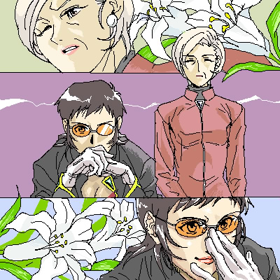 fuyutsuki kouzou, ikari gendou, neon genesis evangelion, gleam, lowres, 2girls, adjusting eyewear, adjusting glasses, breasts, brown hair, cleavage, easter lily, flower, genderswap, genderswap (mtf), gendou pose, gloves, hands clasped, light smile, lily (flower), multiple girls, oekaki, one eye closed, orange-tinted eyewear, orange-tinted glasses, own hands clasped, own hands together, simple background, sunglasses, tinted eyewear, white flower, white gloves, white hair