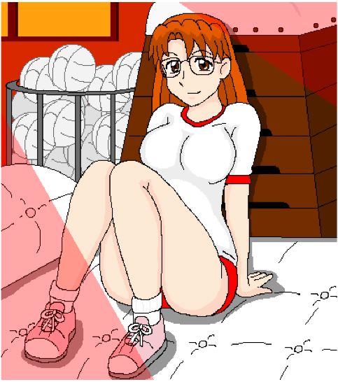 mizuhara koyomi, azumanga daiou, ball, buruma, glasses, gym storeroom, gym uniform, indoors, oekaki, solo, vaulting horse