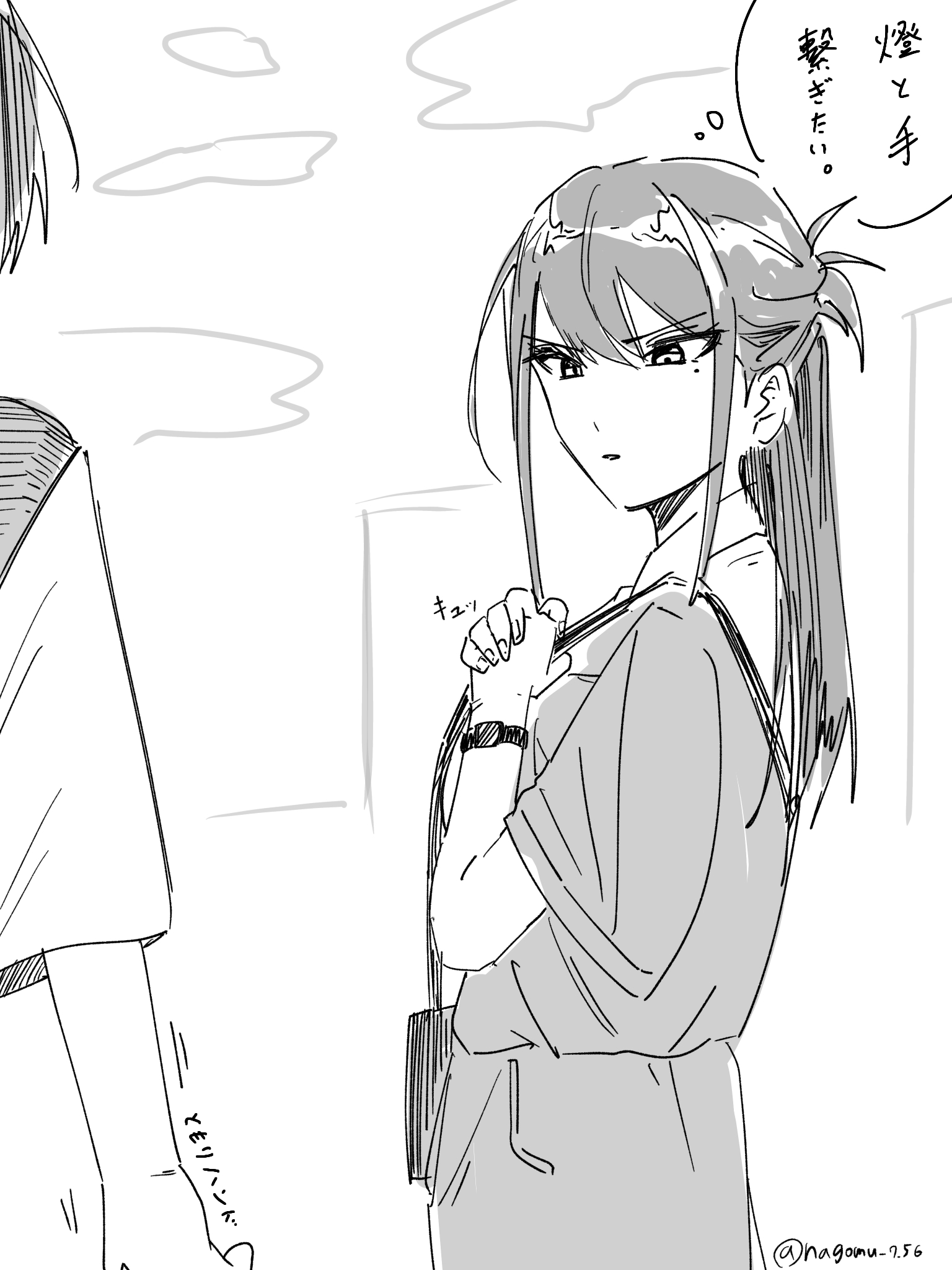 nagomu 7 56, shiina taki, takamatsu tomori, bang dream!, bang dream! it's mygo!!!!!, commentary, highres, translation request, 2girls, bag, greyscale, half updo, long hair, monochrome, multiple girls, open mouth, short sleeves, shoulder bag, sidelocks, watch, wristwatch
