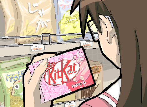 kazunari, rakugake, keroro, mizuhara koyomi, azumanga daiou, keroro gunsou, kitkat, lowres, 1girl, brown hair, close-up, female focus, food, from behind, glasses, holding, indoors, long hair, oekaki, pocky, school uniform, serafuku, shop, shopping, solo