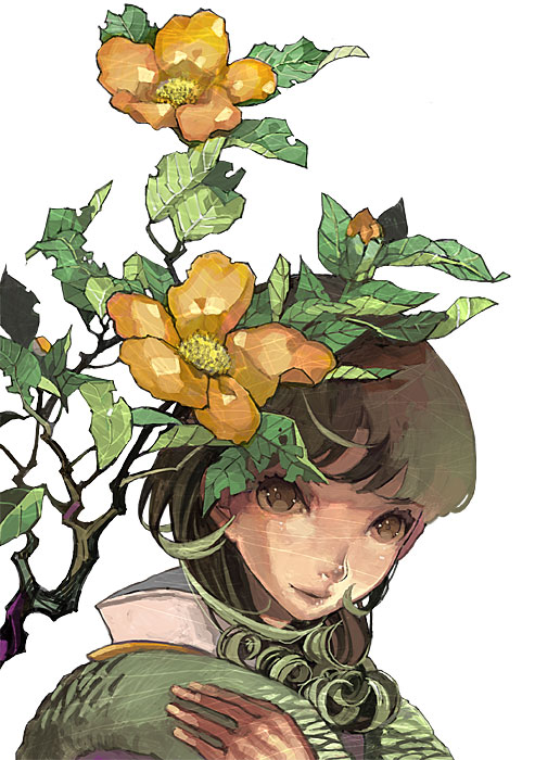 wada arco, 1girl, brown eyes, brown hair, female focus, flower, short hair, smile, solo