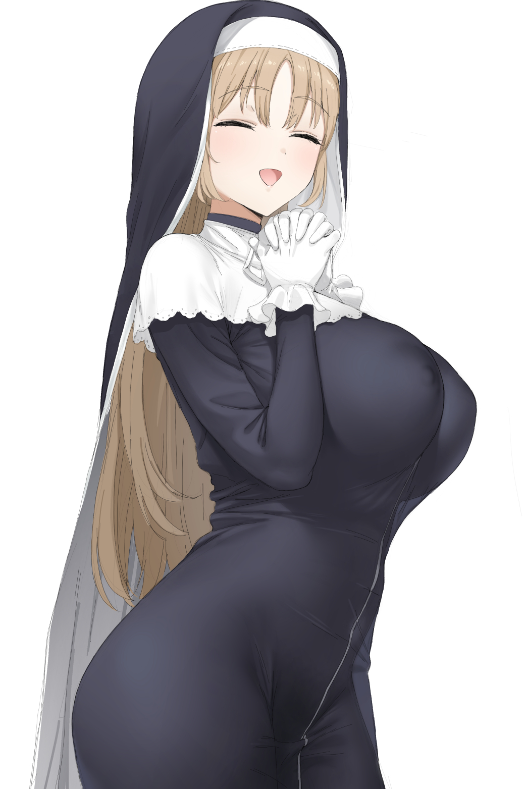 fuooooo, original, highres, 1girl, blush, breasts, brown hair, closed eyes, from side, gloves, hands up, large breasts, long hair, nun, open mouth, own hands together, parted bangs, simple background, smile, solo, white background, white gloves