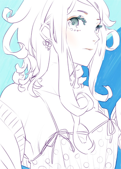 wada arco, original, 1girl, bare shoulders, blue eyes, blush, bow, breasts, camisole, colored eyelashes, curly hair, earrings, eyelashes, female focus, jacket, jewelry, lips, looking at viewer, off shoulder, polka dot, short hair, solo, spot color