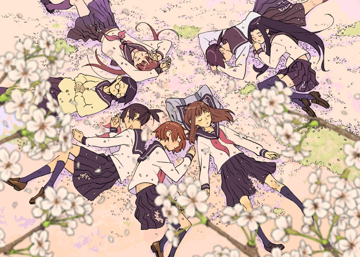 purimari, original, 6+girls, cherry blossoms, circle formation, legs, multiple girls, petals, school uniform, serafuku, sleeping