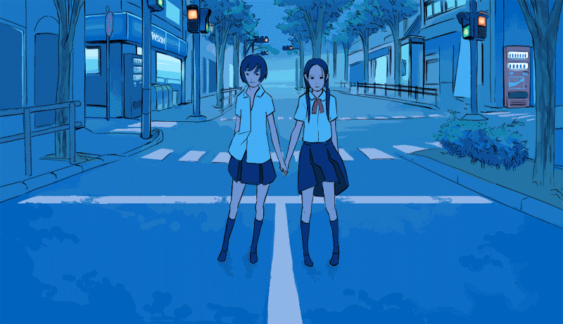 purimari, original, 2girls, blue theme, convenience store, crosswalk, holding hands, legs, multiple girls, night, road, shop, skirt, socks, street, traffic light, vanishing point, vending machine