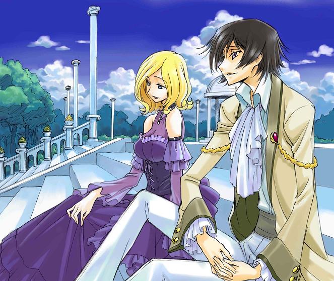 lelouch vi britannia, milly ashford, code geass, jpeg artifacts, 00s, 1boy, 1girl, bare shoulders, black hair, blonde hair, day, detached sleeves, dress, sky