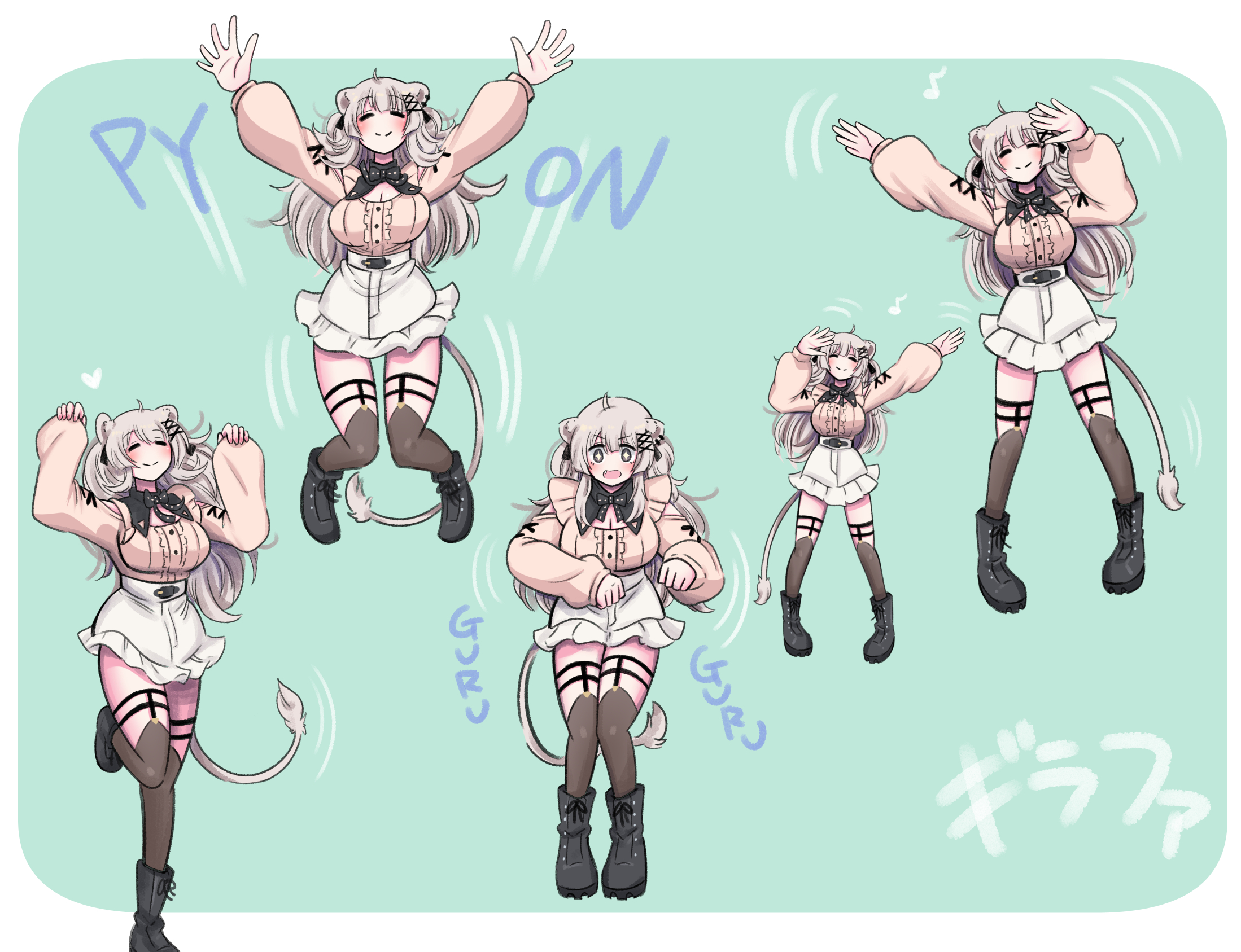 ayu minori, shishiro botan, shishiro botan (jirai kei), hololive, highres, 1girl, ahoge, animal ear piercing, animal ears, center frills, frills, grey eyes, grey hair, lion ears, lion girl, lion tail, long hair, official alternate costume, official alternate hairstyle, shirt, sidelocks, skirt, tail, thighhighs, virtual youtuber