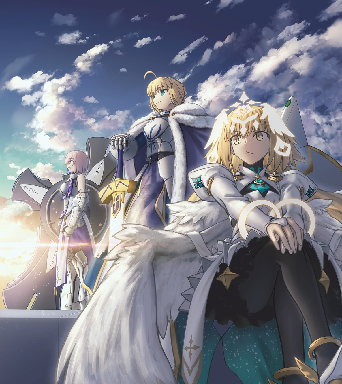 shoori (migiha), artoria pendragon (fate), jeanne d'arc (fate), mash kyrielight, mash kyrielight (paladin), metatron jeanne (fate), metatron jeanne (third ascension) (fate), saber (fate), fate/grand order, fate (series), highres, 3girls, ahoge, angel wings, anklet, armor, armored boots, armored dress, backlighting, bare shoulders, black pantyhose, blonde hair, blue dress, blue ribbon, blue sky, blue trim, boots, bracelet, braid, breastplate, breasts, bridal gauntlets, colored inner hair, crossed legs, dress, excalibur (fate/stay night), faulds, feathered wings, gauntlets, green eyes, hair bun, hair over one eye, hair ribbon, headpiece, jewelry, juliet sleeves, large breasts, long hair, long sleeves, medium breasts, multicolored hair, multiple girls, multiple wings, open mouth, pantyhose, pink hair, puffy sleeves, purple eyes, purple hair, ribbon, short hair, showgirl skirt, sidelocks, sitting, skirt, sky, smile, sword, thigh boots, very long hair, weapon, white armor, white dress, white skirt, wings, yellow eyes
