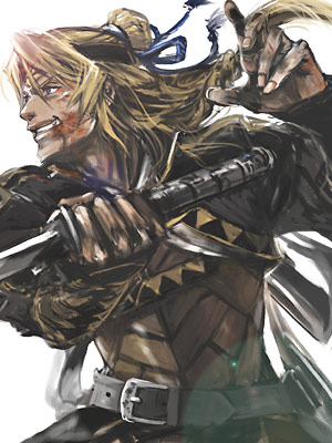 sakishima (irregular colors), kyle (suikoden), gensou suikoden, gensou suikoden v, lowres, 1boy, blonde hair, male focus, solo, sword, weapon