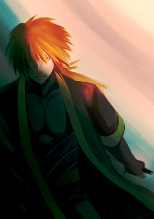 shigure, shigure (suikoden), gensou suikoden, gensou suikoden v, lowres, 1boy, knife, male focus, orange hair, solo