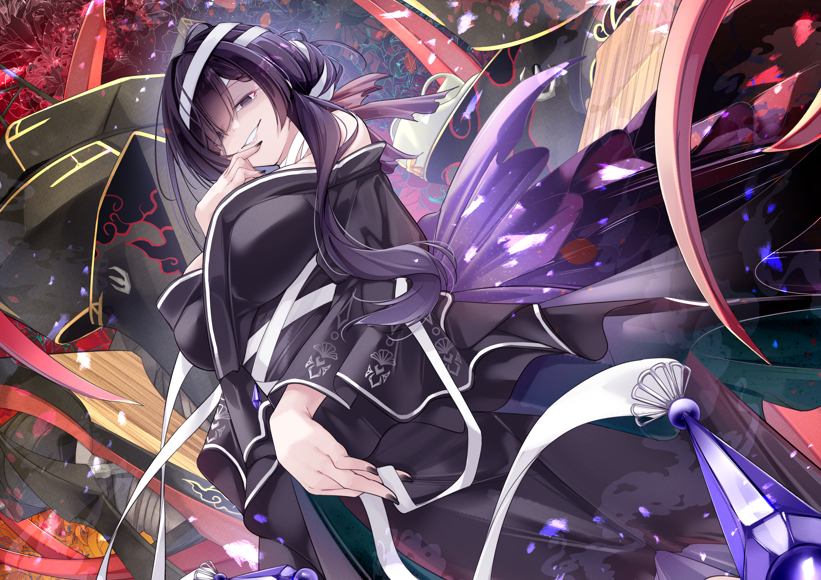 oriue wato, asama (azur lane), azur lane, highres, 1girl, bare shoulders, black hair, black kimono, black nails, blunt sidelocks, blush, breasts, cleavage, cup, floral print, hair over one eye, heaven, japanese clothes, kimono, large breasts, long hair, looking at viewer, navel, print kimono, sakazuki, sakura empire (emblem), sidelocks, smile, solo, white hair, wide sleeves