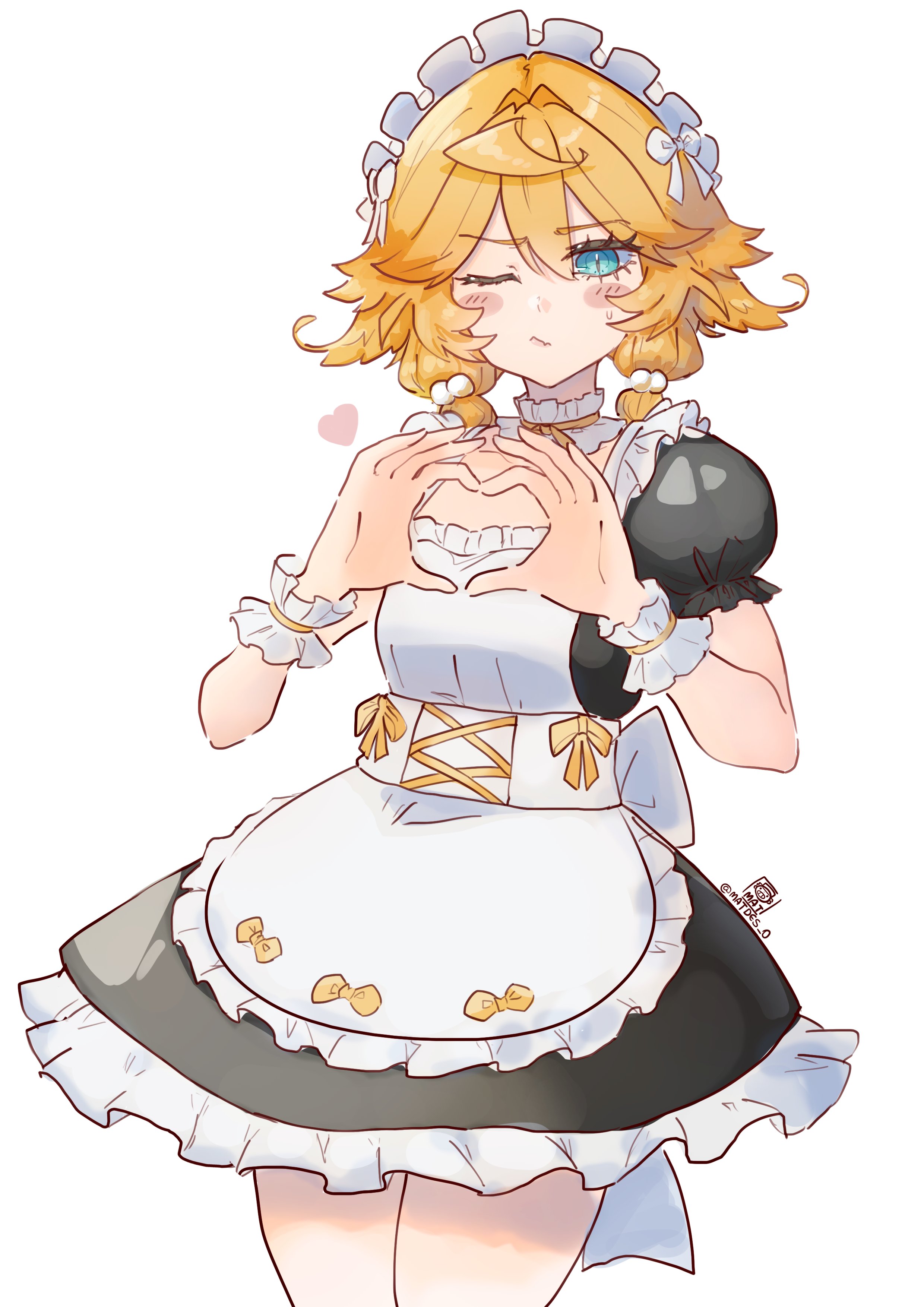 mat (matdesenheiro), dokibird, indie virtual youtuber, absurdres, highres, 1girl, alternate costume, apron, black dress, blonde hair, dress, enmaided, frilled apron, frilled dress, frills, green eyes, heart, heart hands, looking at viewer, maid, maid apron, maid headdress, puffy short sleeves, puffy sleeves, short sleeves, solo, virtual youtuber, waist apron, white apron, white background, wrist cuffs