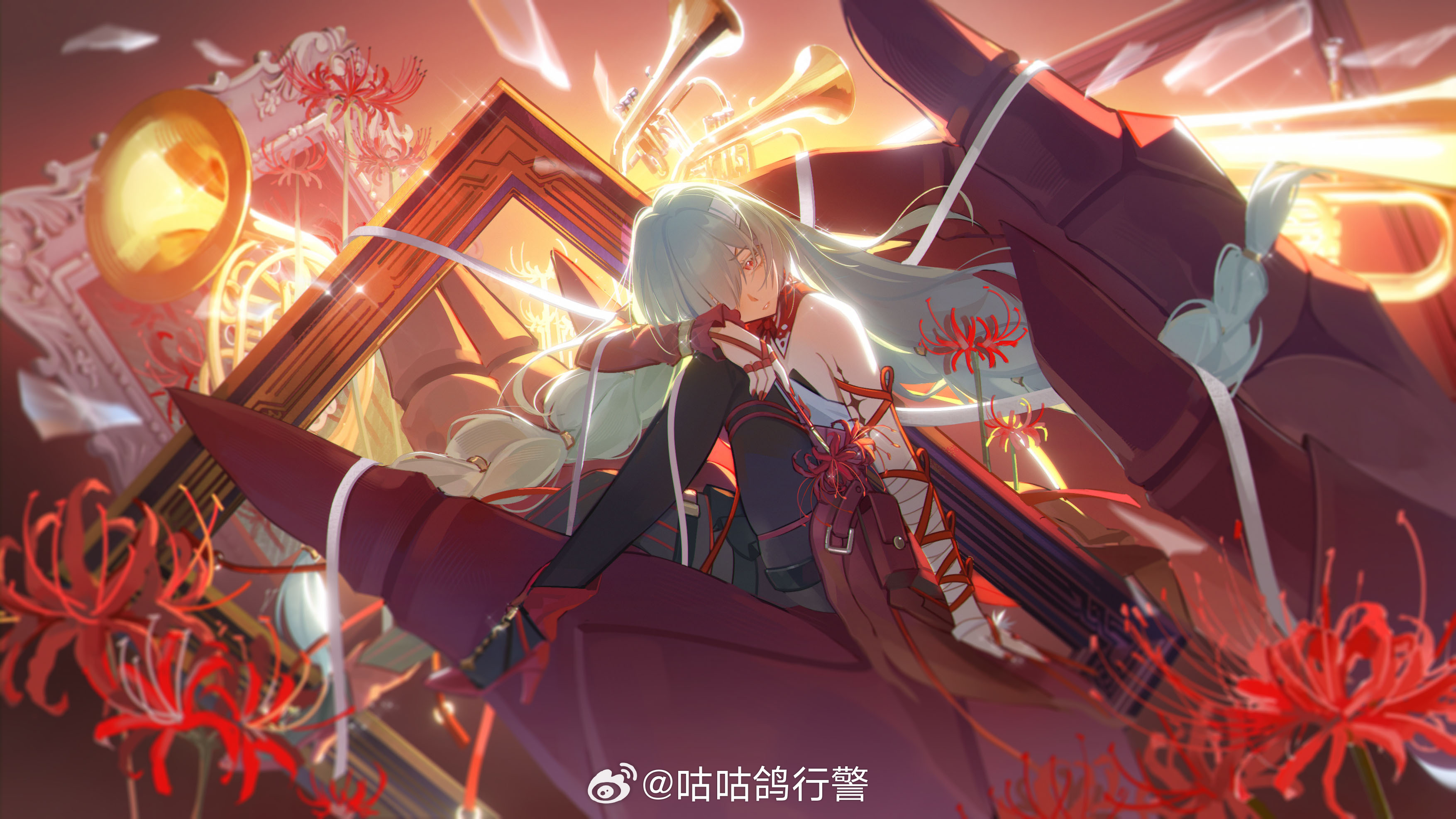 guguge, phrolova (wuthering waves), wuthering waves, absurdres, highres, 1girl, arm on knee, bandaged arm, bandages, bare shoulders, black pantyhose, braid, dress, fingernails, flower, from side, glass shards, grey hair, halter dress, halterneck, high heels, holding, holding flower, instrument, knee up, long hair, looking at viewer, looking to the side, low twin braids, missing commentary, nail polish, pantyhose, parted lips, picture frame, red dress, red eyes, red nails, red shoes, shoes, single sleeve, sitting, solo, spider lily, tacet mark (wuthering waves), trumpet, twin braids, very long hair