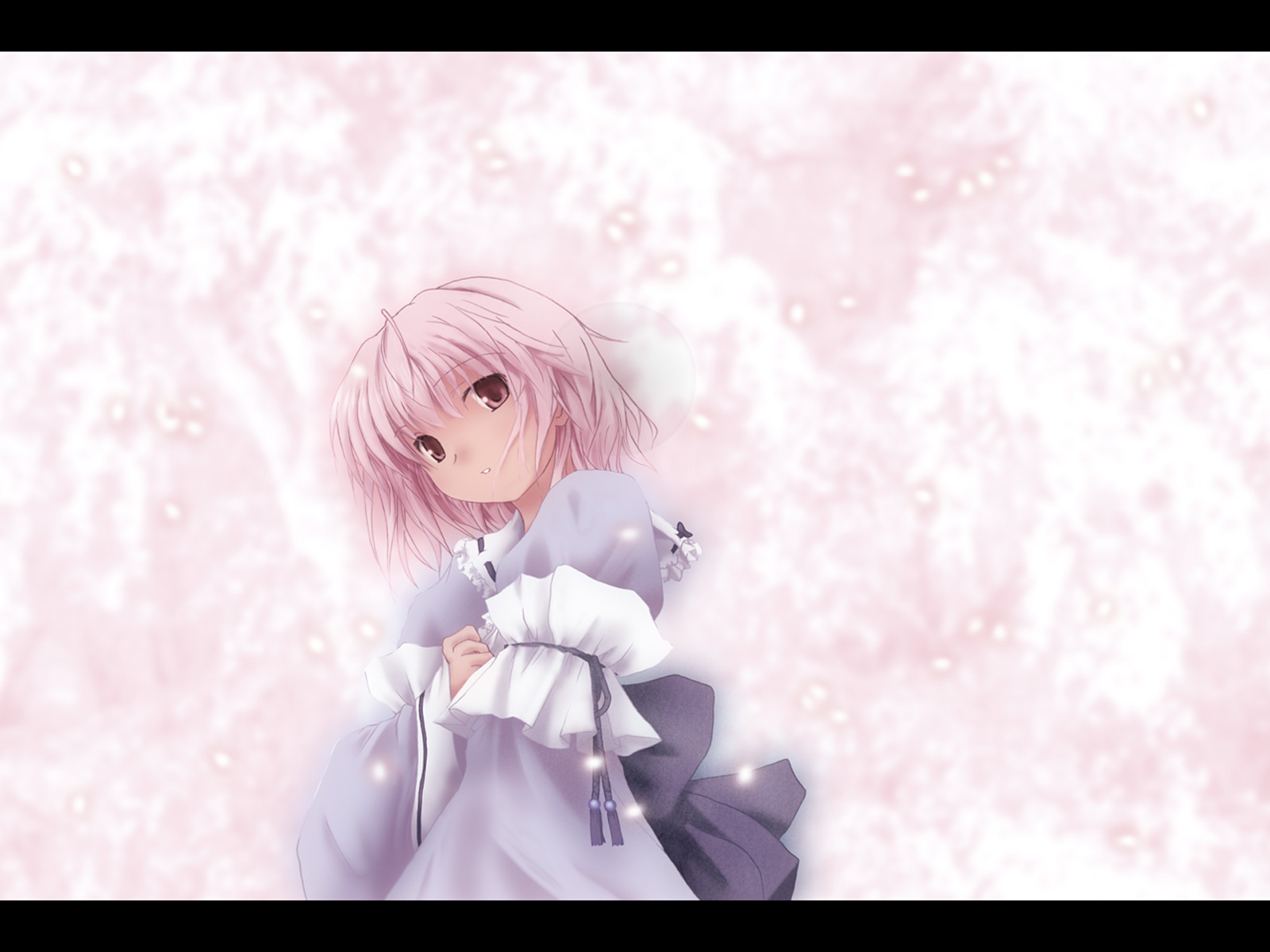 makkuroh (yoh-ku), saigyouji yuyuko, touhou, highres, 1girl, arm garter, blue dress, blush, dress, female focus, frills, head tilt, letterboxed, looking at viewer, pink eyes, pink hair, short hair, solo, upper body