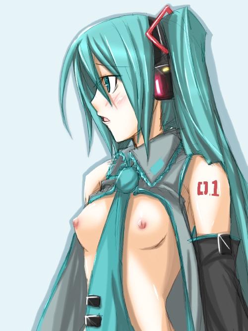 ribi, hatsune miku, vocaloid, 1girl, aqua hair, aqua necktie, arms at sides, blouse, blue background, breasts, collared shirt, female focus, grey shirt, long hair, medium breasts, necktie, nipples, open clothes, open shirt, shirt, simple background, solo, tattoo, twintails, very long hair