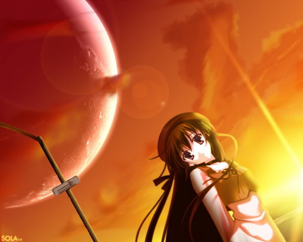 shihou matsuri, sola, 00s, 1girl, arms behind back, brown dress, brown hair, dress, dutch angle, fantasy, female focus, light rays, long hair, long sleeves, looking at viewer, outdoors, planet, pole, solo, sun, sunlight