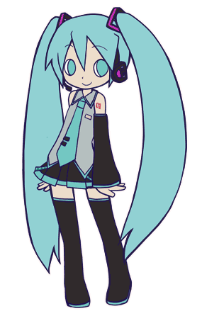 dorua (dollar), hatsune miku, bemani, pop'n music, vocaloid, lowres, 1girl, aqua eyes, aqua hair, aqua necktie, arms at sides, black thighhighs, blouse, boots, collared shirt, crossover, female focus, full body, grey shirt, hair between eyes, headphones, long hair, necktie, parody, shirt, simple background, sleeveless, sleeveless shirt, solo, tattoo, thigh boots, thighhighs, twintails, very long hair, white background, zettai ryouiki