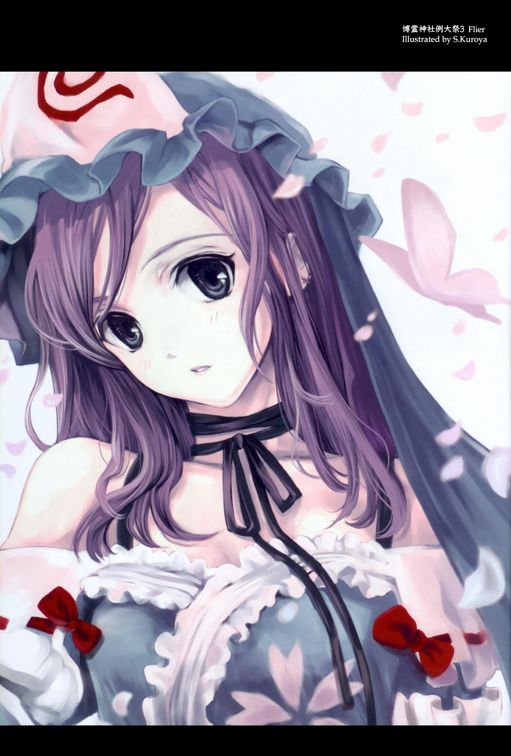 cradle (circle), kuroya shinobu, saigyouji yuyuko, touhou, absurdres, highres, 1girl, alternate hairstyle, bare shoulders, blue eyes, bow, bug, butterfly, choker, earrings, female focus, head tilt, insect, japanese clothes, jewelry, letterboxed, long hair, looking at viewer, petals, pink hair, ribbon choker, solo, staring