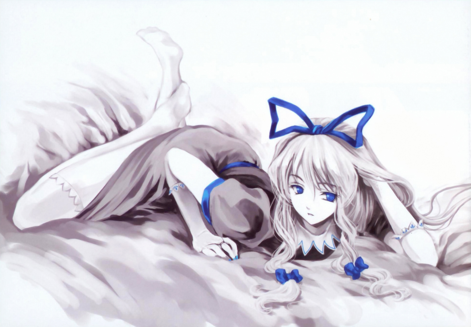 cradle (circle), misaki kurehito, yakumo yukari, team shanghai alice, touhou, highres, scan, 1girl, adjusting hair, bed, blue eyes, blue nails, blue theme, elbow gloves, female focus, gloves, lying, monochrome, nail polish, no headwear, on stomach, pale skin, solo, spot color, thighhighs, white thighhighs