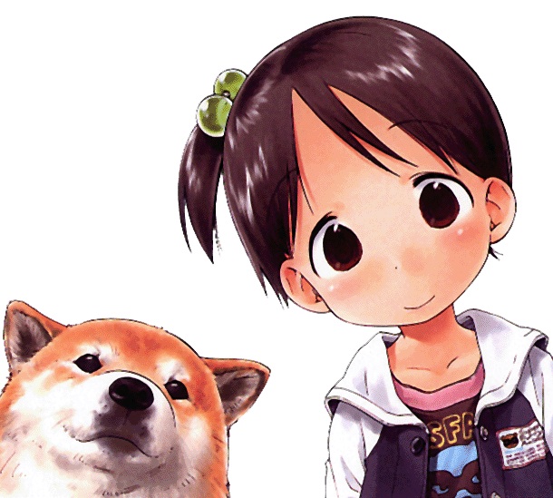 barasui, satake, itou chika, satake (ichigo mashimaro), ichigo mashimaro, 1girl, :>, animal, blush, bomber jacket, brown eyes, brown hair, child, closed mouth, collar, collarbone, dog, female focus, jacket, looking at viewer, shiba inu, smile, solo, upper body