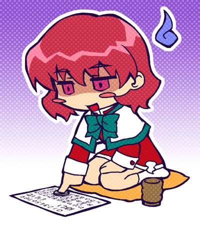 amano mishio, kanon, artist request, lowres, photoshop (medium), 1girl, blush, bow, bowtie, capelet, chibi, cup, empty eyes, evil smile, female focus, full body, gloom (expression), green bow, green bowtie, hand on own thigh, kneeling, open mouth, pink eyes, pointing, pointing finger, red hair, red skirt, school uniform, seiza, serafuku, shaded face, sitting, skirt, smile, solo