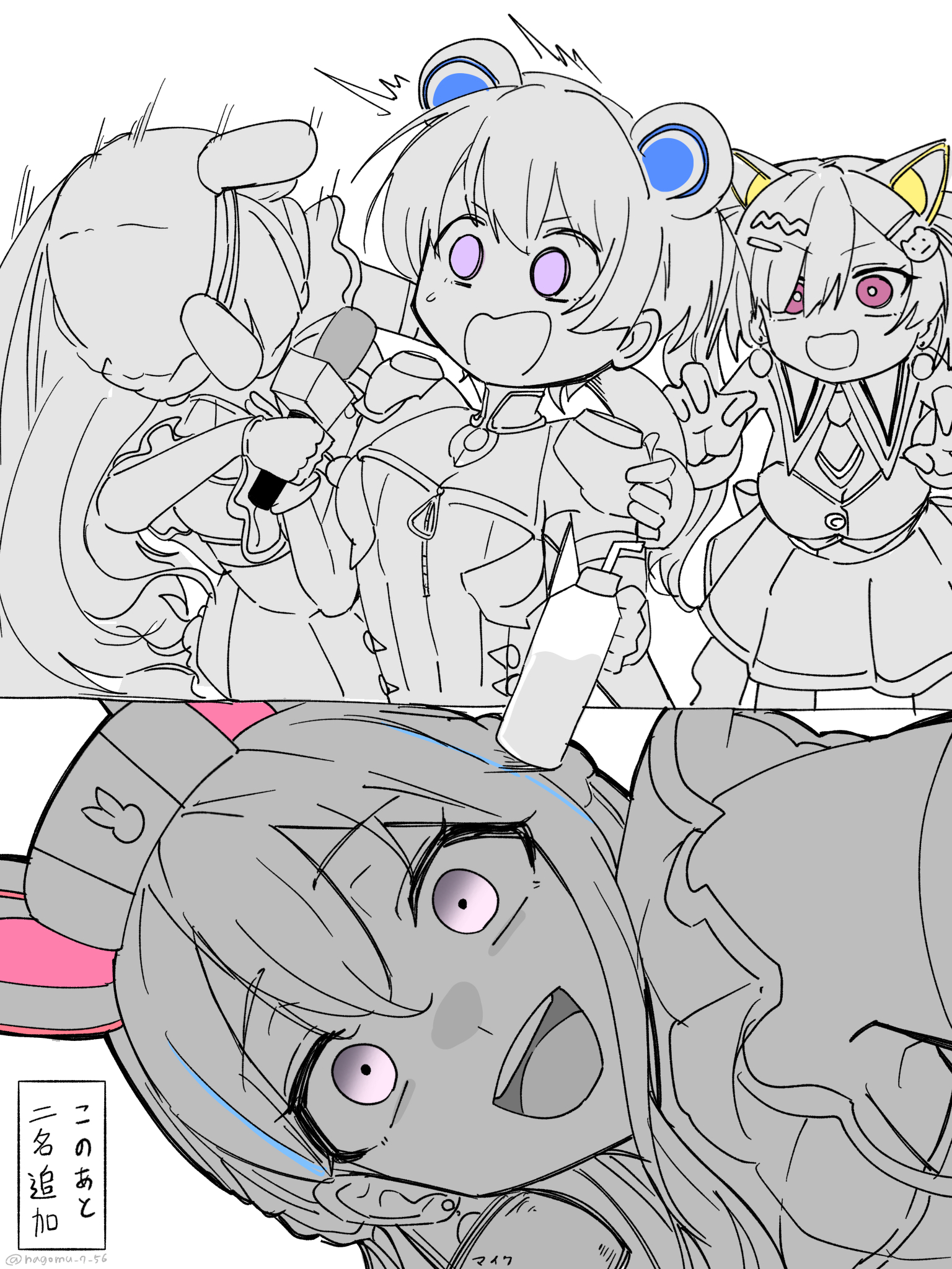 nagomu 7 56, minetsuki ritsu, miyanaga nonoka, nakamachi arale, bang dream!, bang dream! mugendai mewtype, commentary, highres, translation request, 3girls, animal ears, bottle, fake animal ears, grey eyes, greyscale, hair between eyes, hair ornament, hairclip, hat, holding, holding microphone, long hair, looking at viewer, microphone, monochrome, multiple girls, nurse cap, open mouth, purple eyes, rabbit ears, short hair, skirt, spot color, teeth, twintails, upper teeth only, virtual youtuber
