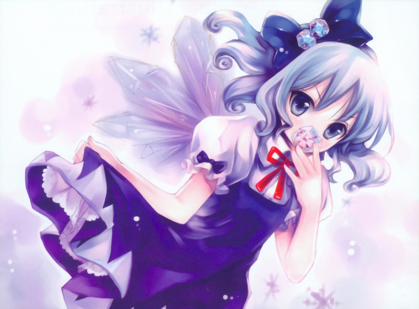 cradle (circle), kuroya shinobu, cirno, embodiment of scarlet devil, touhou, light purple hair, highres, scan, 1girl, blue dress, blue eyes, bow, cherry blossoms, clothes lift, curly hair, dress, dress lift, female focus, frozen, hair bow, hair ornament, petticoat, short hair, skirt hold, solo, wings