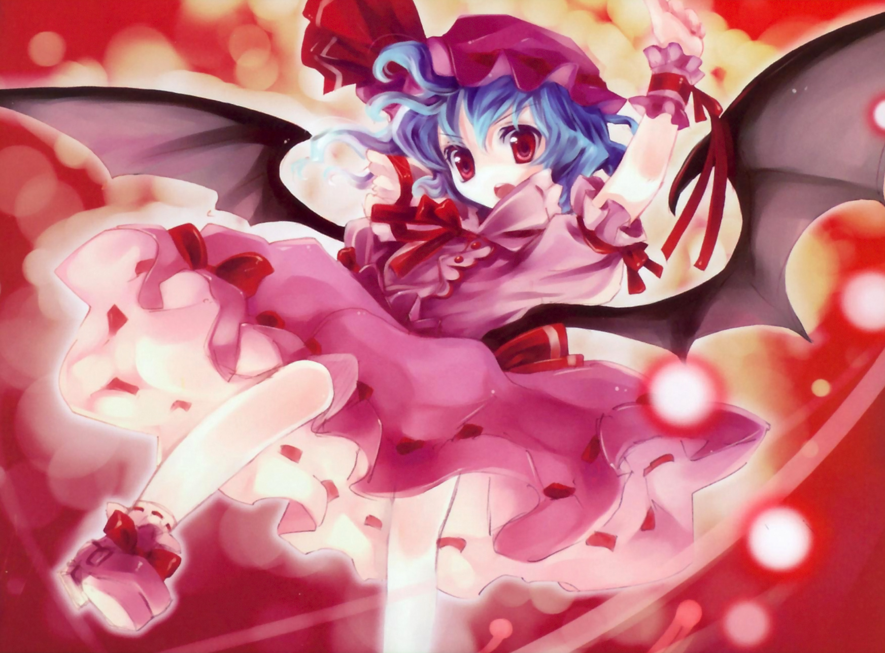 cradle (circle), kuroya shinobu, remilia scarlet, touhou, highres, scan, 1girl, bat wings, female focus, hat, pink hat, solo, wings