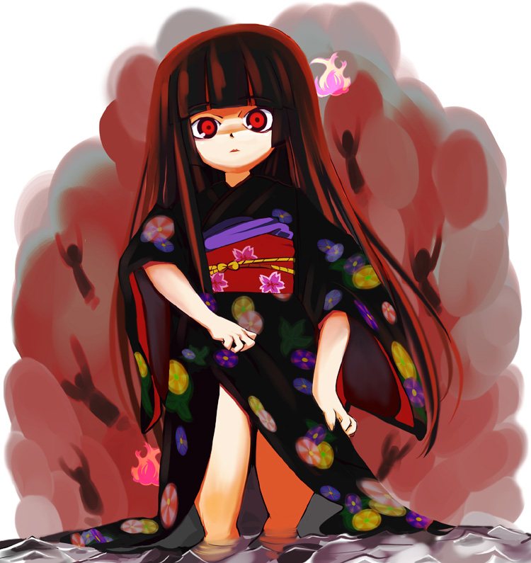 sasago kaze, enma ai, jigoku shoujo, 00s, 1girl, aura, black hair, blunt bangs, dark aura, female focus, hime cut, japanese clothes, kimono, long hair, red eyes, solo, wading, water