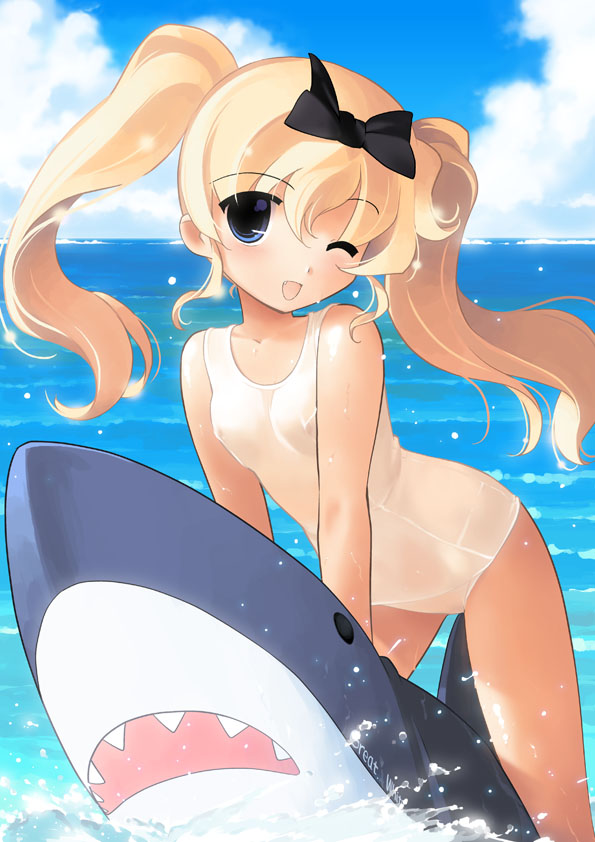 jiji, blonde hair, blue eyes, one-piece swimsuit, school swimsuit, swimsuit, twintails, white school swimsuit