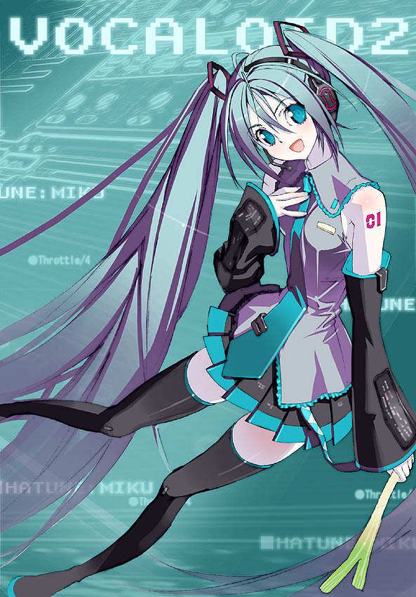 sanbasou, hatsune miku, vocaloid, 1girl, aqua background, aqua eyes, aqua hair, aqua necktie, black thighhighs, blouse, boots, character name, collared shirt, copyright name, female focus, flat chest, food, grey shirt, hair between eyes, head tilt, headphones, long hair, necktie, shirt, sleeveless, sleeveless shirt, solo, spring onion, tattoo, thigh boots, thighhighs, twintails, vegetable, very long hair, zettai ryouiki