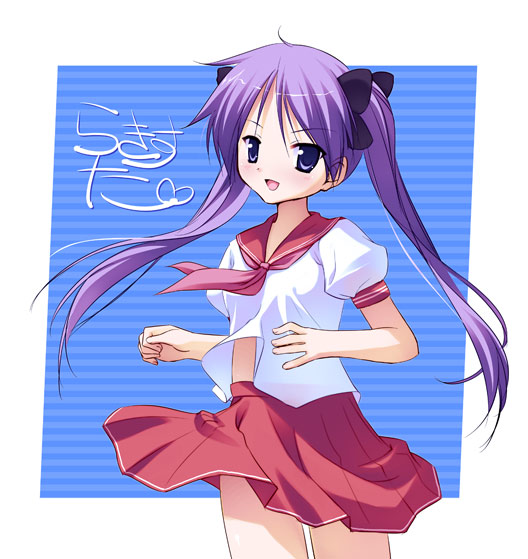 senji (tegone spike), hiiragi kagami, lucky star, 00s, 1girl, female focus, hair ribbon, long hair, midriff, pleated skirt, purple eyes, purple hair, ribbon, school uniform, serafuku, skirt, smile, solo, tsurime, twintails, wind
