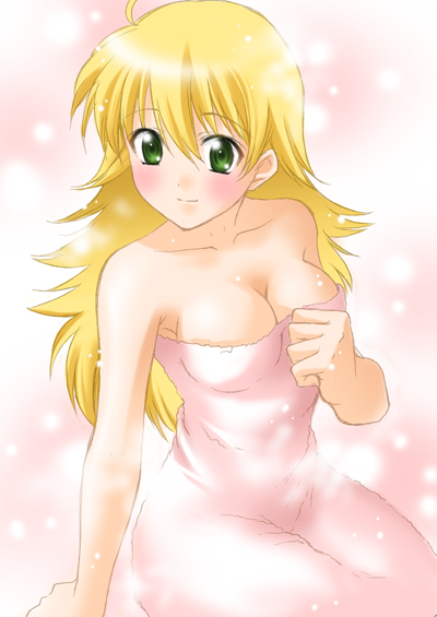itsuki sayaka, hoshii miki, idolmaster, idolmaster (classic), idolmaster 1, 00s, blonde hair, green eyes, long hair, naked towel, solo, towel
