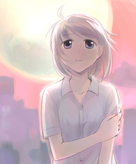 ikeda jun (mizutamari), original, painting (medium), traditional media, watercolor (medium), 1girl, dress shirt, female focus, full moon, holding own arm, moon, shirt, short hair, solo, white hair