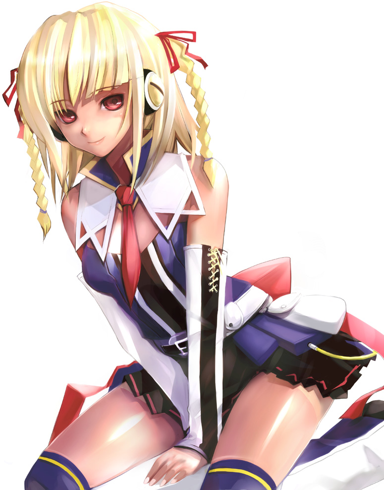 takashima, xiatian (beatmania), beatmania iidx, beatmania iidx 14 gold, bemani, 1girl, braid, breasts, cleavage, dark-skinned female, dark skin, elbow gloves, female focus, gloves, headphones, medium breasts, miniskirt, necktie, red eyes, short twintails, skirt, solo, thighhighs, twin braids, twintails, zettai ryouiki
