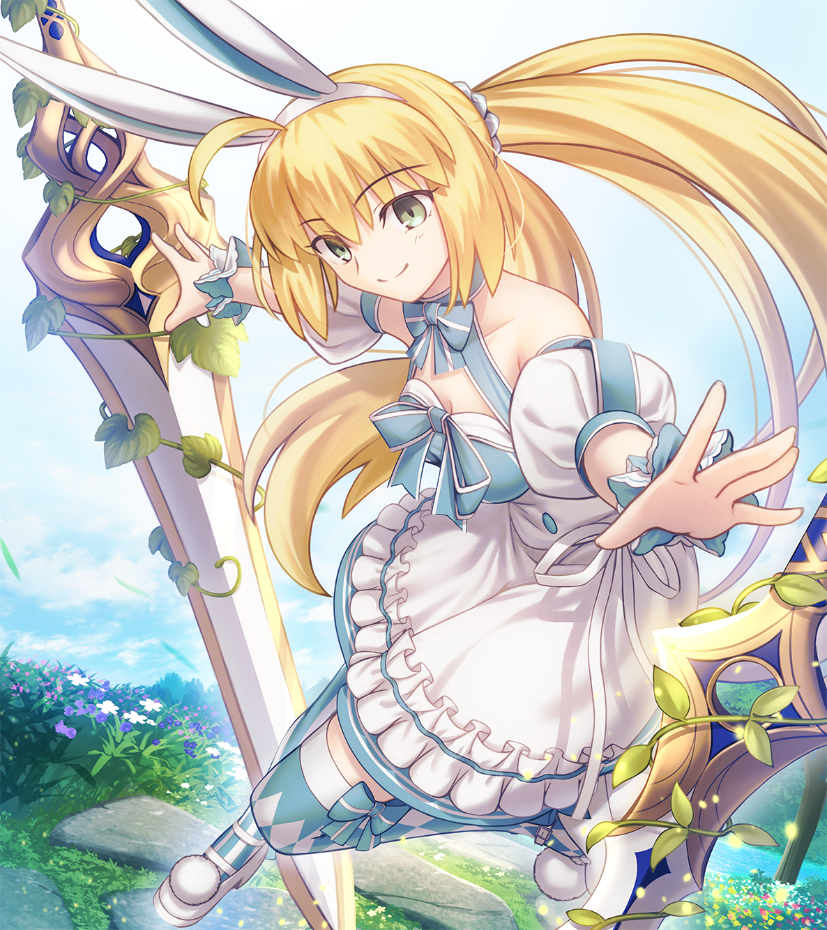 shoori (migiha), artoria caster (fate), artoria caster (swimsuit berserker) (second ascension) (fate), artoria pendragon (fate), fate/grand order, fate (series), highres, 1girl, ahoge, animal ears, argyle clothes, argyle thighhighs, bare shoulders, blonde hair, blue dress, blue thighhighs, breasts, closed mouth, dress, fake animal ears, green eyes, hairband, long hair, looking at viewer, outstretched arm, puffy short sleeves, puffy sleeves, rabbit ears, short sleeves, skirt, small breasts, smile, solo, striped clothes, striped thighhighs, sword, thighhighs, thighs, twintails, weapon, white skirt