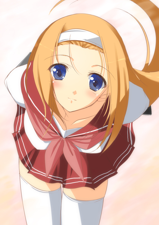 nakano sora, minegishi ayano, lucky star, 00s, 1girl, arms behind back, blinking, blue eyes, breasts, closed mouth, collar, cowboy shot, female focus, foreshortening, hair slicked back, hairband, leaning forward, long hair, long sleeves, looking back, medium breasts, miniskirt, neckerchief, orange hair, pleated skirt, red neckerchief, red skirt, school uniform, serafuku, skirt, smile, solo, standing, tareme, thigh gap, thighhighs, very long hair, white hairband, white thighhighs, zettai ryouiki
