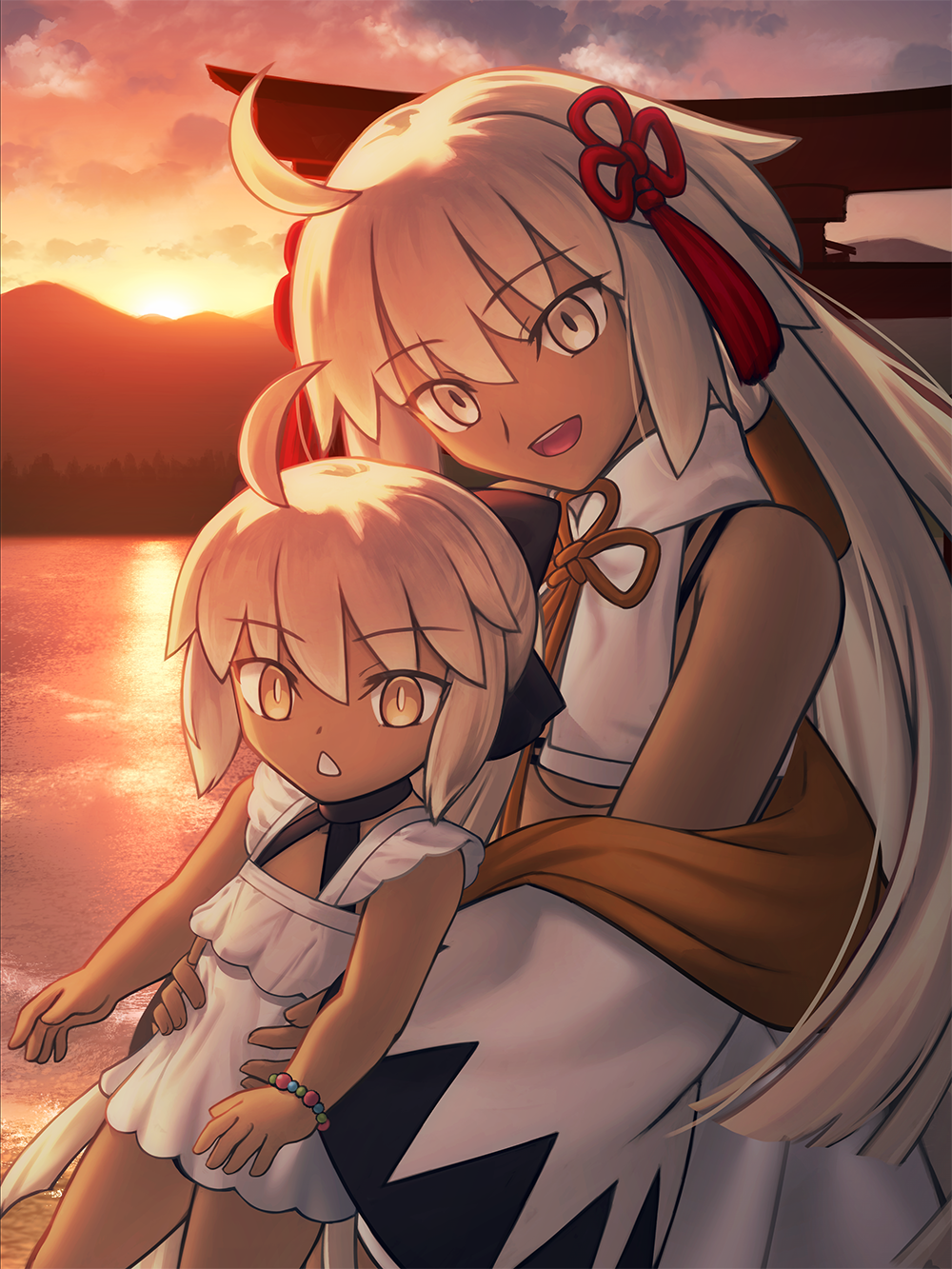 shoori (migiha), okita souji (fate), okita souji alter (swimsuit saber) (fate), okita souji alter (swimsuit saber) (second ascension) (fate), rengoku (fate), rengoku (second ascension) (fate), fate/grand order, fate (series), highres, 2girls, ahoge, backlighting, bare shoulders, bead bracelet, beads, bikini, bracelet, breasts, dark-skinned female, dark skin, dress, grey eyes, haori, japanese clothes, jewelry, lake, long hair, long sleeves, looking at viewer, medium breasts, multiple girls, off shoulder, open mouth, ponytail, small breasts, smile, sunset, swimsuit, tassel, very long hair, white bikini, white dress, white hair, wide sleeves