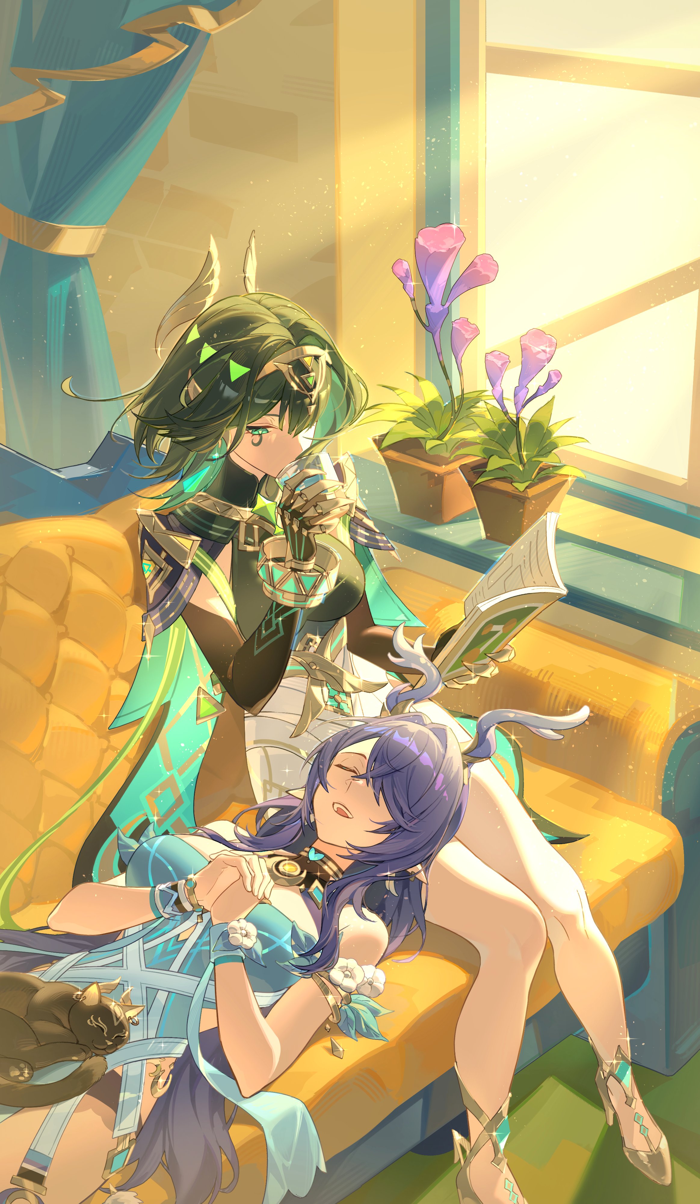 insane84699530, lauma (genshin impact), nefer (genshin impact), genshin impact, absurdres, highres, 2girls, animal, animal on lap, antlers, armlet, bare shoulders, black gloves, blue dress, book, bracelet, breasts, cape, cat, cat on lap, clawed gauntlets, closed eyes, couch, cup, curtains, dress, drinking, elbow gloves, facial mark, flower, gloves, green cape, green eyes, green hair, green shirt, hair intakes, hair over one eye, headband, headgear, high heels, holding, holding book, holding cup, horns, indoors, jewelry, lap pillow, large breasts, light rays, long hair, looking at another, lying on person, multiple girls, on couch, on lap, open book, open mouth, own hands together, plant, pointy ears, potted plant, purple flower, purple hair, shirt, short hair, sitting, skirt, sunlight, teeth, upper teeth only, white flower, white skirt, window