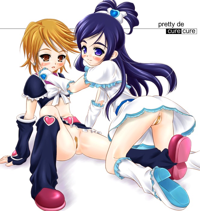 katsuragi niya, cure black, cure white, misumi nagisa, yukishiro honoka, futari wa precure, precure, 00s, 2girls, bandaid, bandaid on pussy, blush, long hair, looking at viewer, looking back, multiple girls, no panties, short hair, simple background, white background