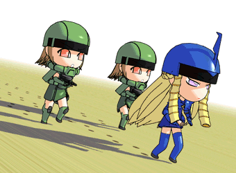 ekkusu kyuuzu, gouf, maritan, zaku, zaku ii, zaku ii f/j, gundam, mobile suit gundam, pixel maritan, animated, animated gif, lowres, 3d, blonde hair, chibi, crossover, drill hair, footprints, mecha musume, short hair, thighhighs, walking, zaku ii f