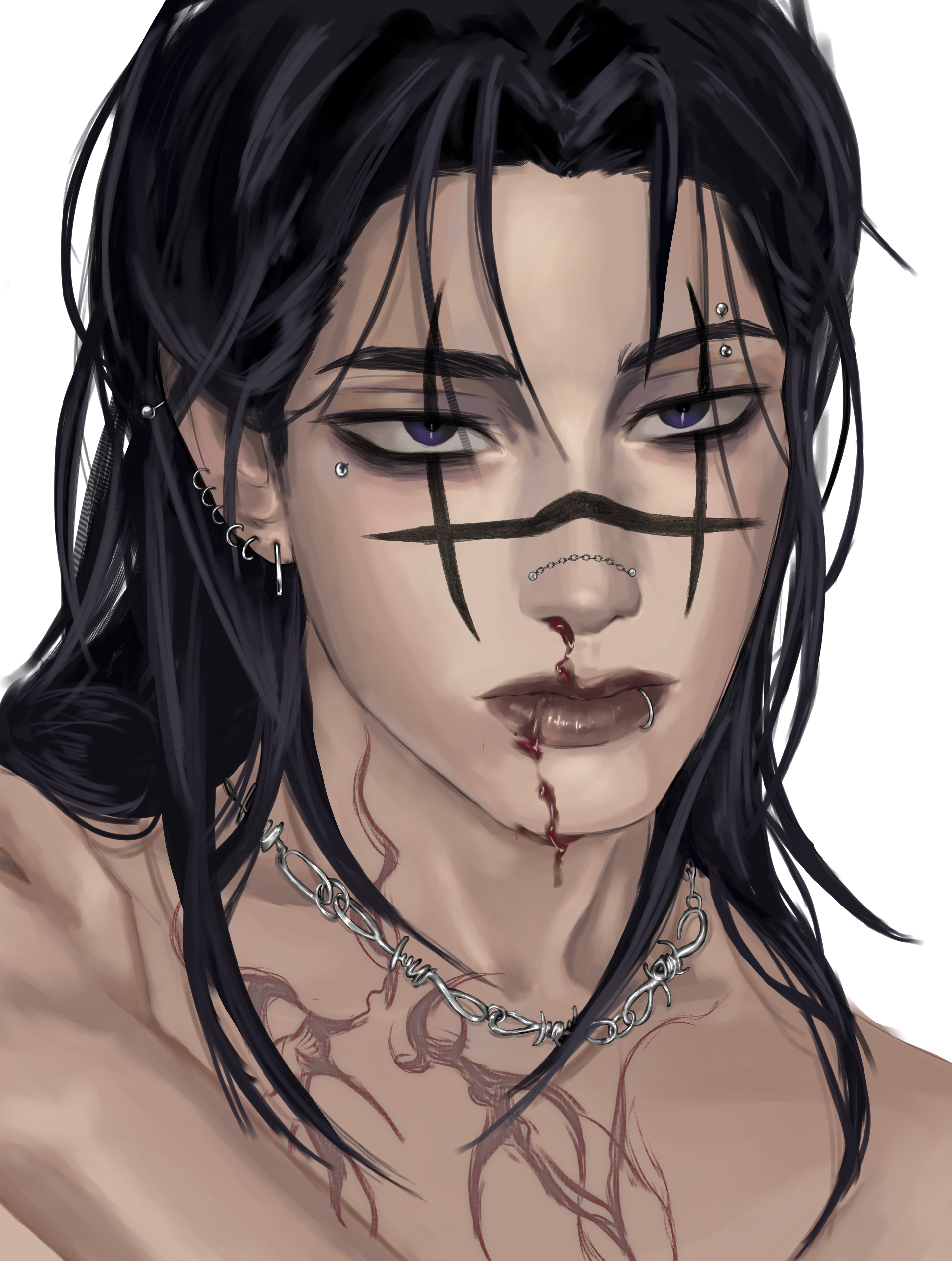 choso (jujutsu kaisen), jujutsu kaisen, silver necklace, absurdres, highres, ibispaint (medium), 1boy, aransmind, black hair, blood, chest tattoo, ear piercing, eye piercing, eyebrow piercing, face piercing, facial mark, lip piercing, medium hair, nose piercing, nosebleed, piercing, portrait, purple eyes, simple background, tattoo, white background
