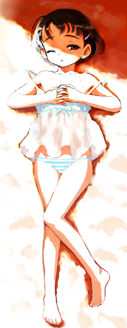 sasahara yuuki, original, 1girl, babydoll, barefoot, bikini, feet, female focus, from above, full body, hair ornament, loli, looking at viewer, lying, on back, short hair, solo, striped clothes, swimsuit