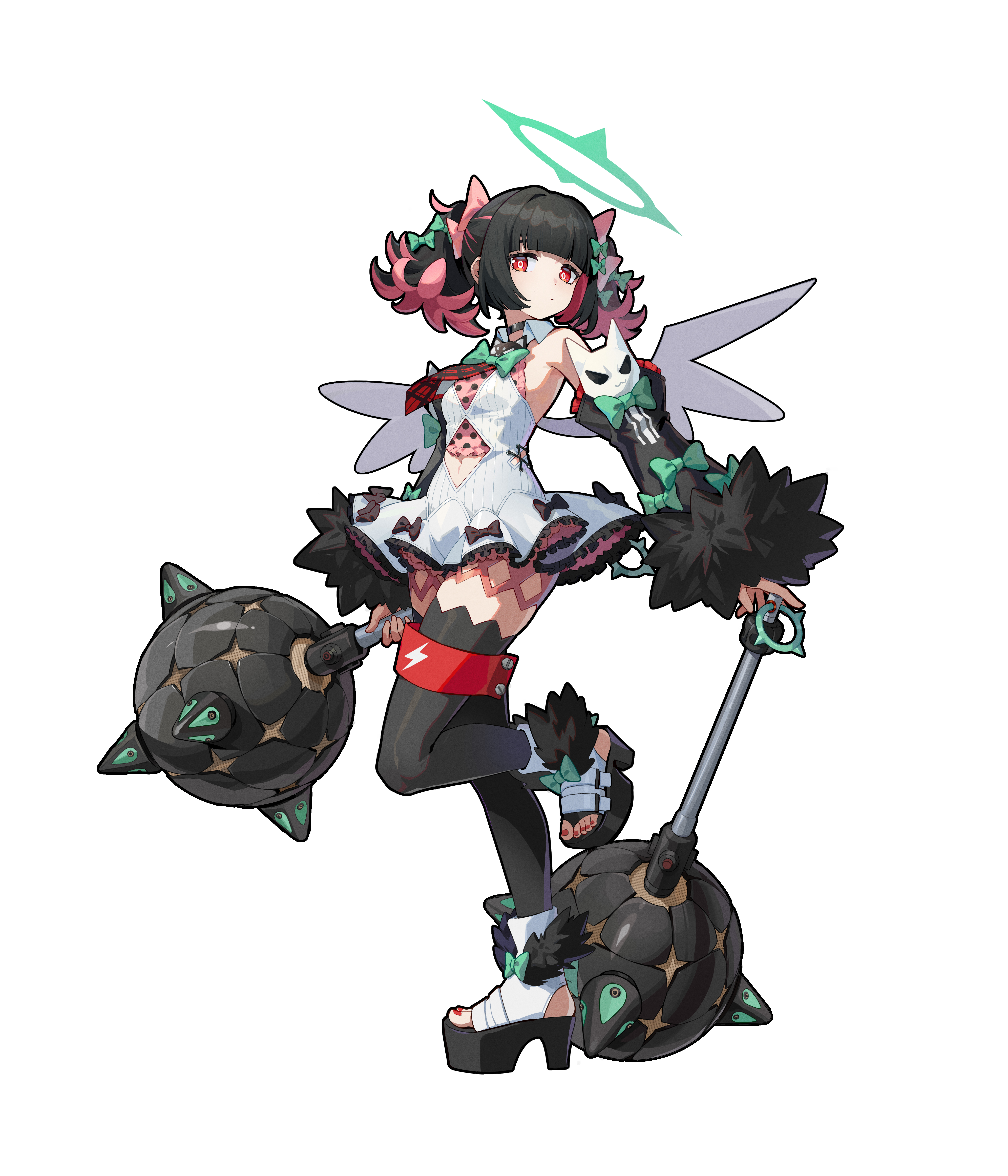 flying nimbus, rokudu sariel, zenless zone zero, absurdres, highres, 1girl, accessories, bare shoulders, black bow, black hair, bow, bow skirt, collar, colored inner hair, dress, dual wielding, fur-trimmed shoes, fur-trimmed sleeves, fur trim, green bow, green ribbon, hair ribbon, holding, holding mace, holding weapon, jewelry, mace, multicolored hair, multiple hair ribbons, nail polish, navel, necktie, pink bow, pink hair, pink ribbon, red eyes, red nails, red necktie, ribbon, ring, shanrihe, skirt, solo, spiked mace, spikes, thighhighs, weapon, white background, white dress, white wings, wings