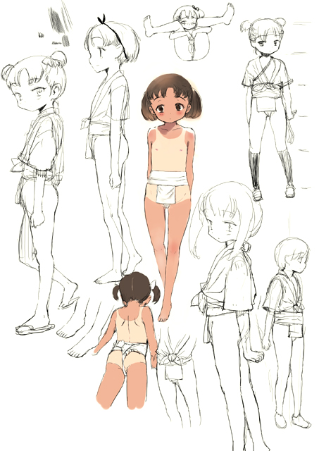 sasahara yuuki, original, 6+girls, ass, barefoot, feet, fundoshi, japanese clothes, legs up, loli, mizu happi, monochrome, multiple girls, nipples, one-piece tan, sketch, tan, tanline, topless female