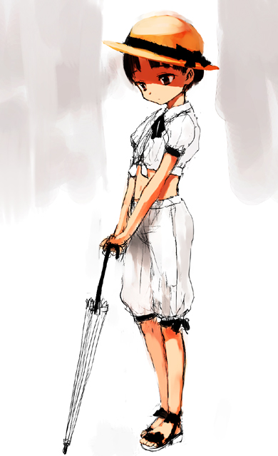 sasahara yuuki, original, 1girl, belly, blouse, brown eyes, brown hair, closed umbrella, female focus, hat, loose clothes, midriff, navel, sad, sandals, shirt, short hair, simple background, solo, sun hat, umbrella, white background