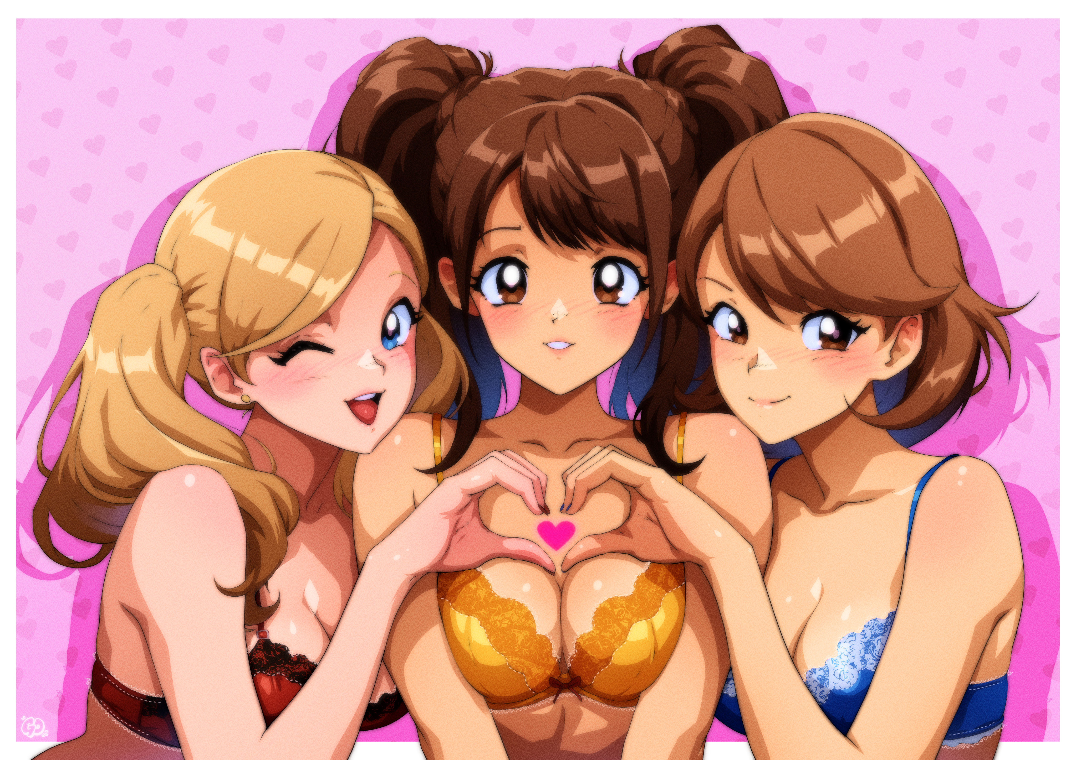 gravydood, kujikawa rise, takamaki anne, takeba yukari, persona, persona 3, persona 4, persona 5, absurdres, commentary, english commentary, highres, 3girls, bare shoulders, blonde hair, blue bra, blue eyes, blush, border, bra, breasts, breasts squeezed together, brown eyes, brown hair, cleavage, closed mouth, collarbone, drop shadow, earrings, flipped hair, heart, heart background, heart hands, heart hands duo, in-franchise crossover, jewelry, lace, lace-trimmed bra, lace trim, long hair, looking at viewer, medium breasts, multiple girls, one eye closed, open mouth, outside border, parted lips, pink background, pink lips, red bra, short hair, smile, stud earrings, swept bangs, tarot, the lovers (tarot), trait connection, twintails, underwear, upper body, white border, yellow bra