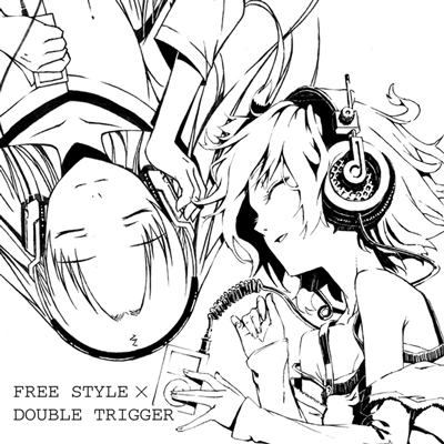 gou (double trigger), original, lowres, 2girls, closed eyes, digital media player, greyscale, headphones, ipod, long hair, monochrome, multiple girls, short hair